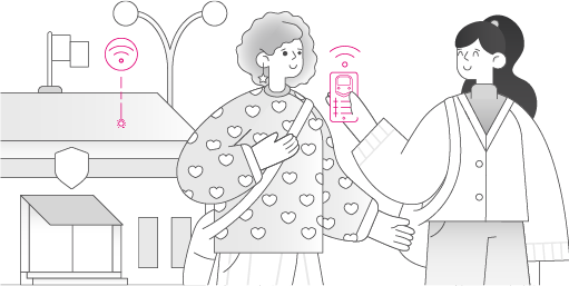 Ilustración en escala de grises que muestra a dos personas que utilizan una aplicación con su móvil. Al fondo una ciudad con objetos conectados y un edificio de la administración pública. El móvil y la conexión son en color magenta.