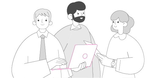 Ilustración en escala de grises que muestra a tres personas trabajadoras de la administración pública trabajando con un portátil color magenta.